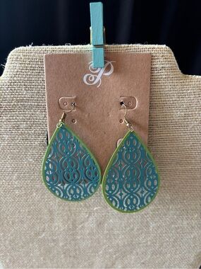 Plunder Teal and Lime Green Filigree Teardrop Earrings